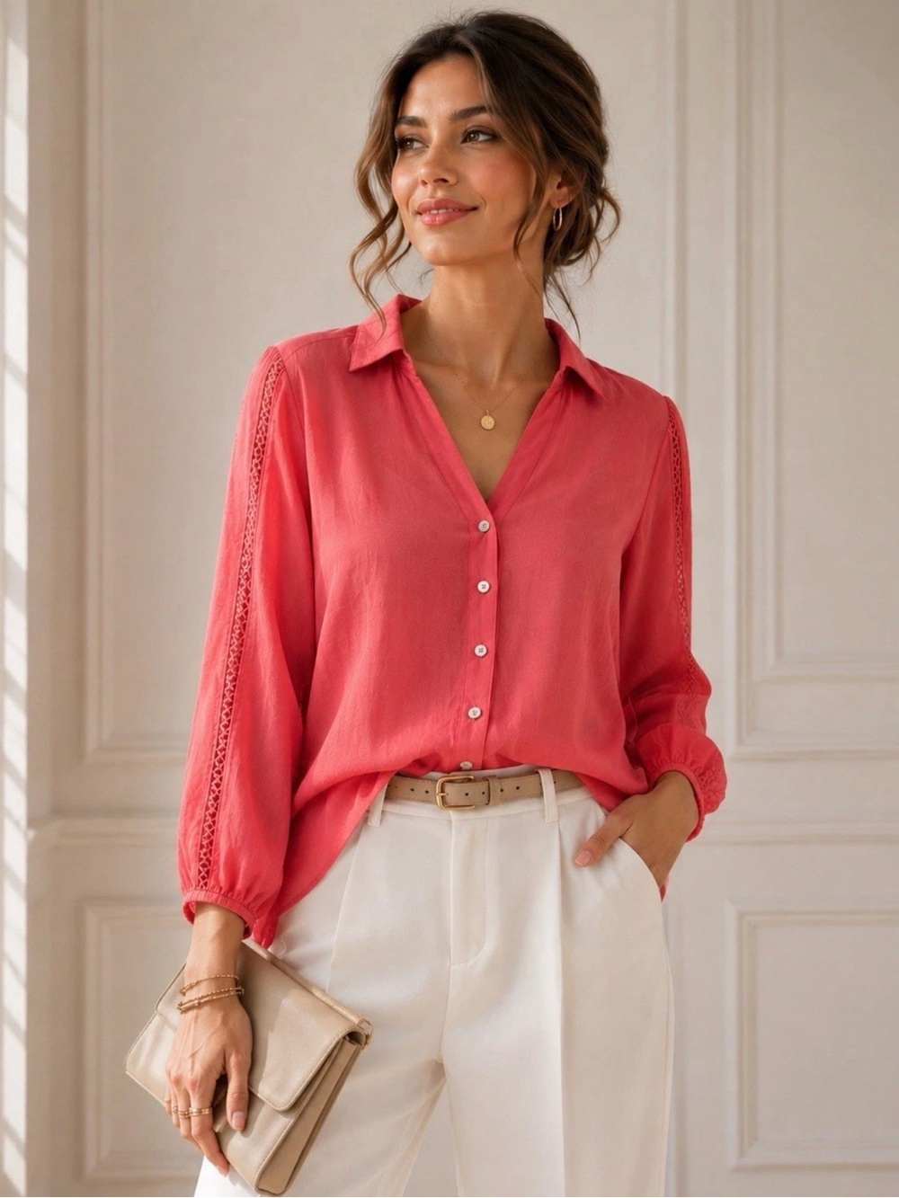 Adrienne Vittadini Coral Button-Down V-Neck Blouse